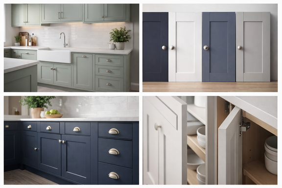 Collage of kitchen cabinets in various colors and styles.