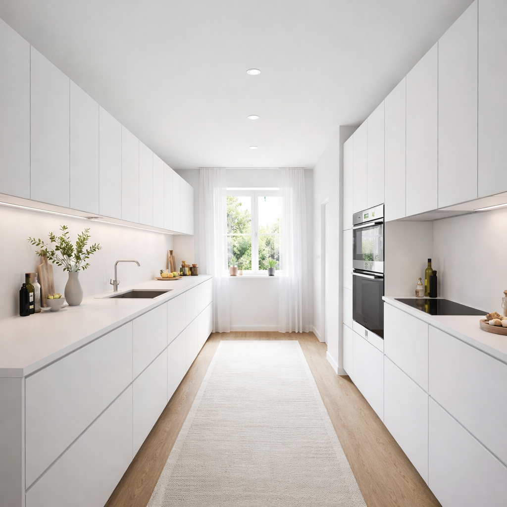 Modern kitchen with white cabinets, a sink, and appliances.
