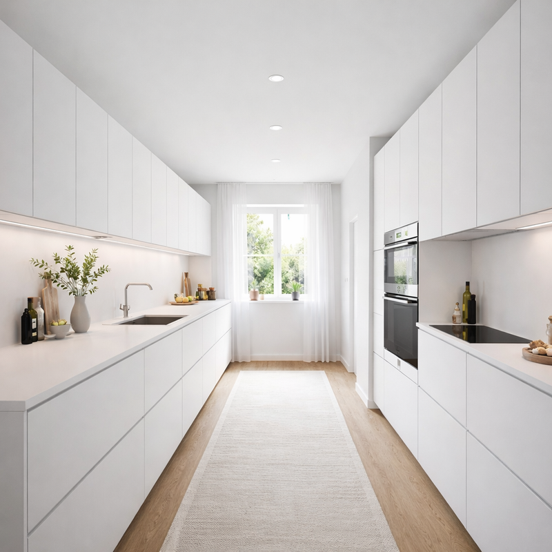 Modern kitchen with white cabinets, a sink, and appliances.