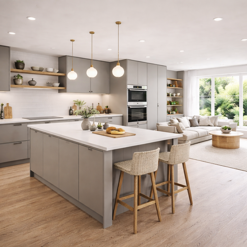 Modern kitchen with island, stools, and view into living room