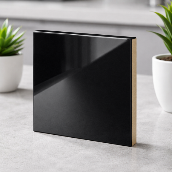 Black rectangular object on a light gray surface with plants in the background