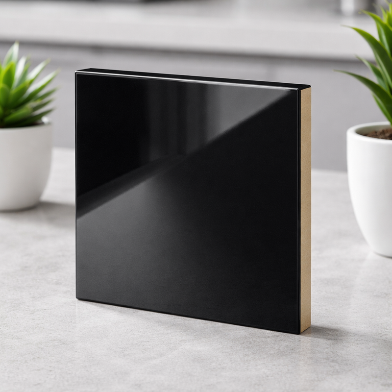 Black rectangular object on a light gray surface with plants in the background