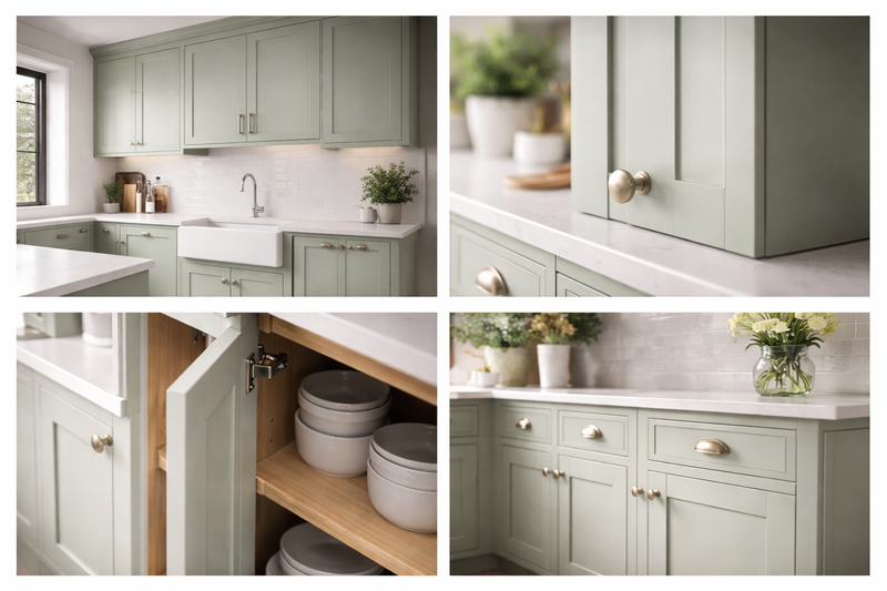 Collage of a kitchen with light green cabinets and white countertops.