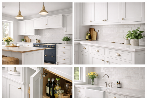 Collage of a modern kitchen with white cabinets, marble countertops, and stainless steel appliances.