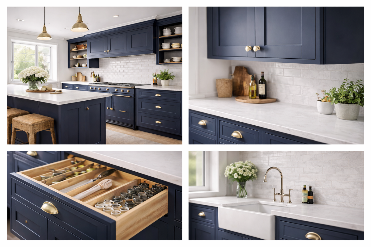 Collage of a modern kitchen with navy blue cabinets and white countertops.