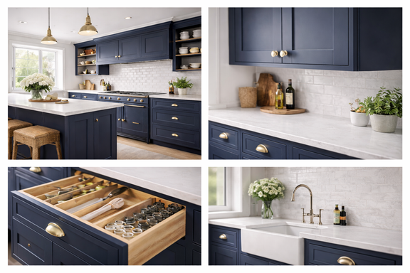 Collage of a modern kitchen with navy blue cabinets and white countertops.