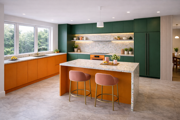 Modern kitchen with green and orange cabinets, marble island, and pink stools.