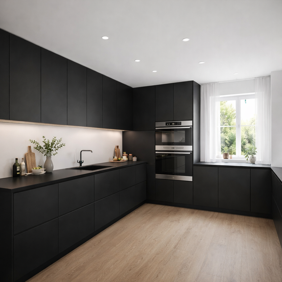 Modern black kitchen with stainless steel appliances and a window view.