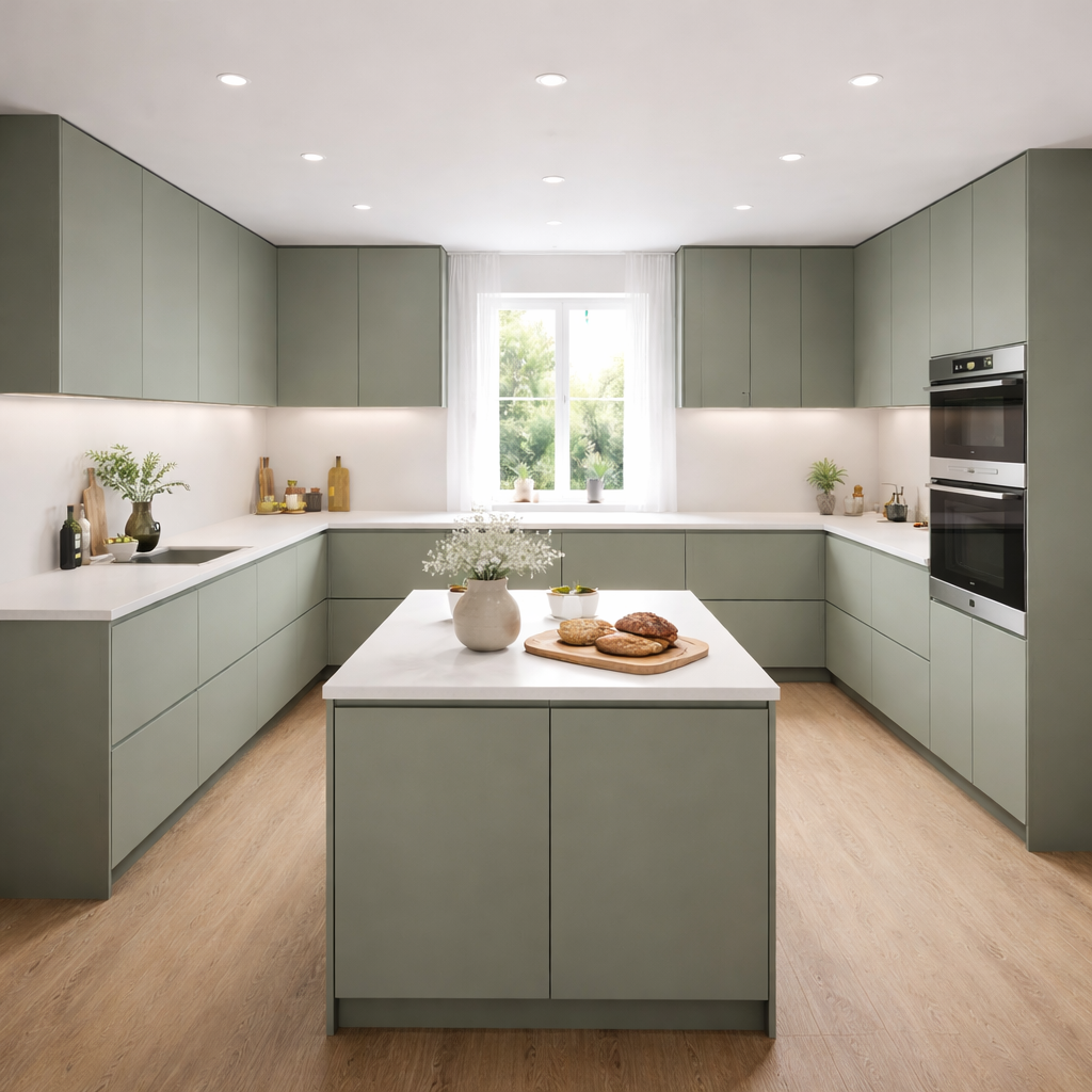 Modern kitchen with green cabinets and a central island.