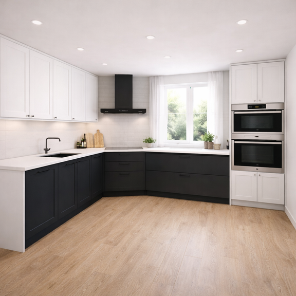 Modern kitchen with black and white cabinetry, stainless steel appliances, and a window.
