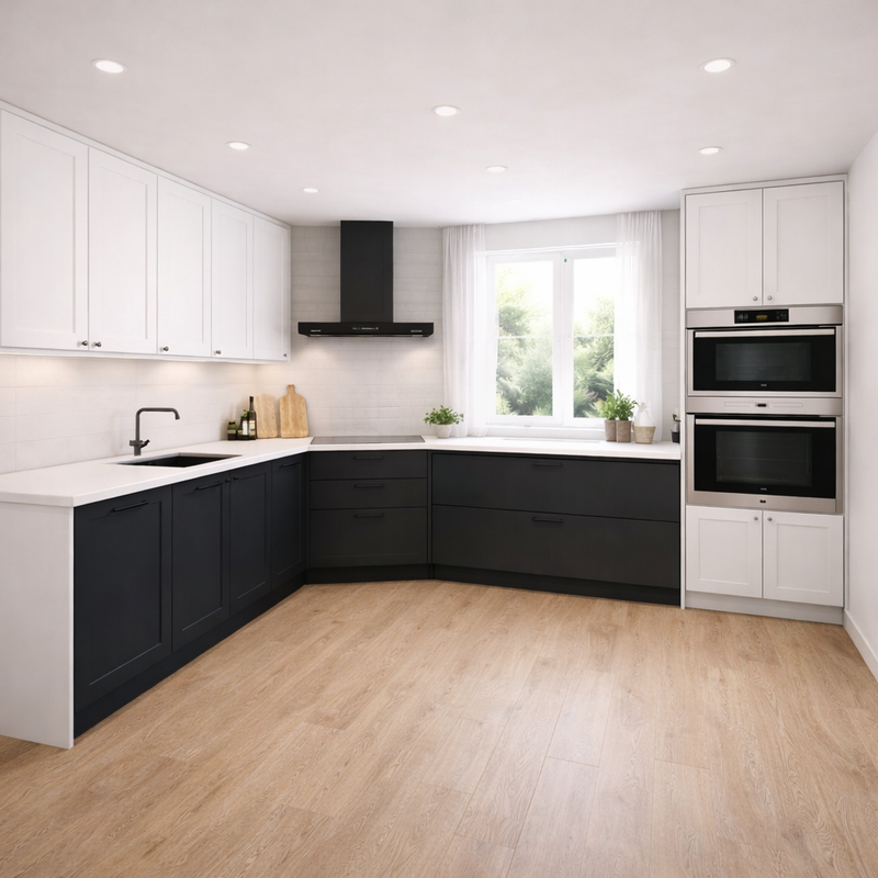Modern kitchen with black and white cabinetry, stainless steel appliances, and a window.