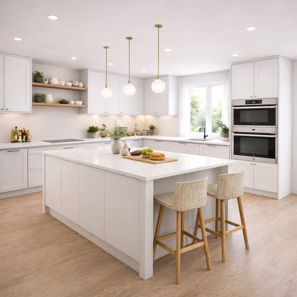 Modern kitchen with white island, wooden stools, and stainless steel appliances.