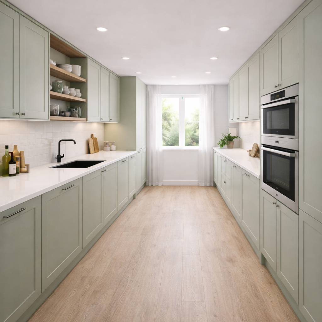 Modern kitchen with light green cabinets, white countertops, and wooden flooring.