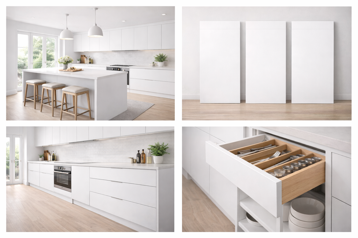 Collage of a modern kitchen with white cabinets, wooden stools, and open drawers.