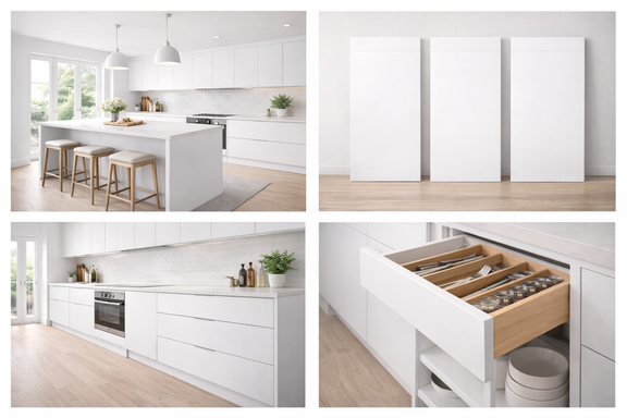 Collage of a modern kitchen with white cabinets, wooden stools, and open drawers.