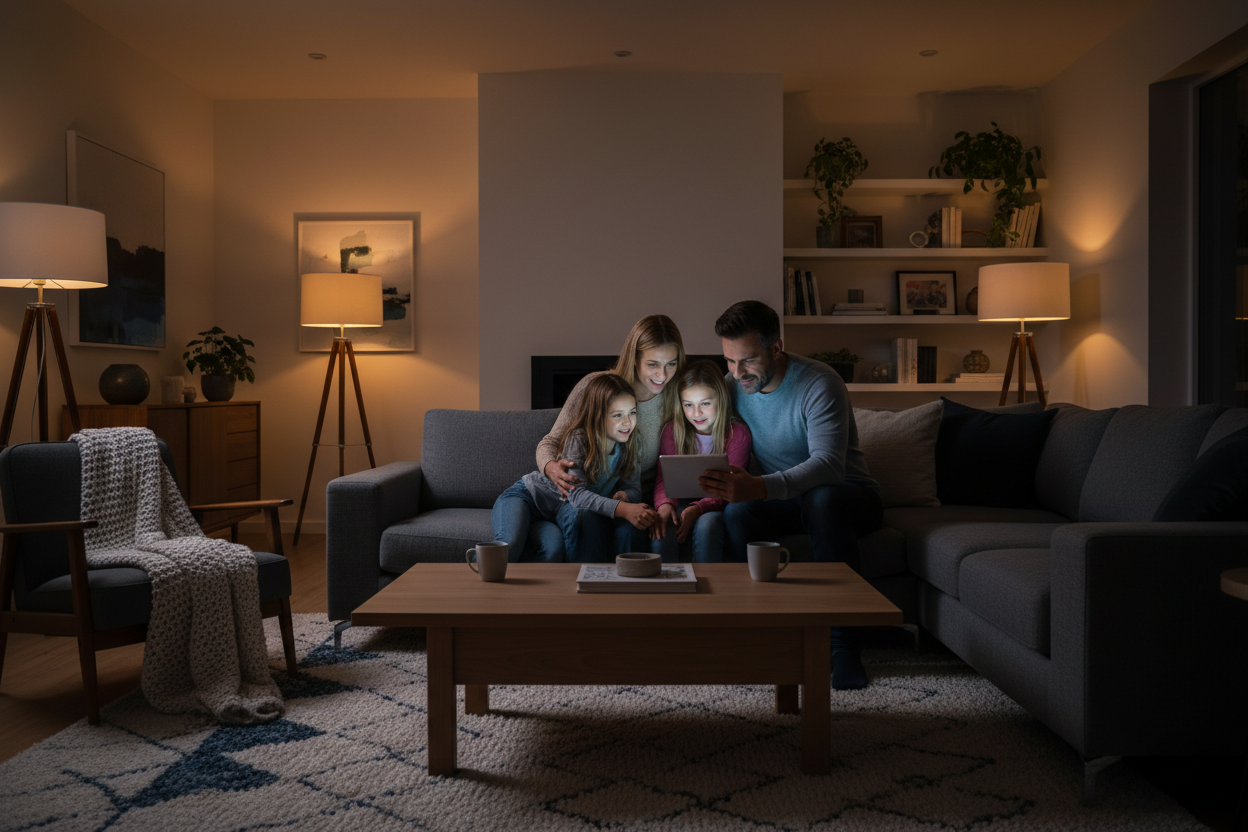 generate a dark house image in which family looking at tablet for new